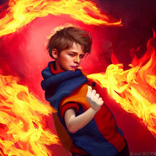 Image similar to colorful and festive captivating young child boy, brown fluffy hair, wearing red and yellow clothes, shooting a fire ball out of his fist. rich vivid colors, ambient lighting, dynamic lighting, 4 k, atmospheric lighting, painted, intricate, highly detailed by charlie bowater