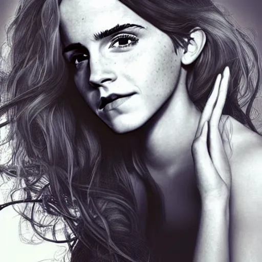 Image similar to emma watson with one hand in her hair, playing with her curls, hyperrealistic, artgerm