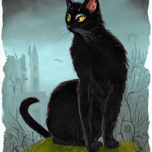 Image similar to black cat in graveyard at midnight halloween tattoo on shoulder by anton pieck, intricate, extremely detailed, digital painting, artstation concept art