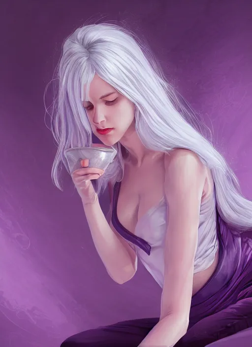 Prompt: a highly detailed illustration of beautiful silver haired woman wearing purple onesie floating on pillow, dramatic floating pose, sleepy expression, intricate, elegant, highly detailed, centered, digital painting, artstation, concept art, smooth, sharp focus, league of legends concept art, wlop