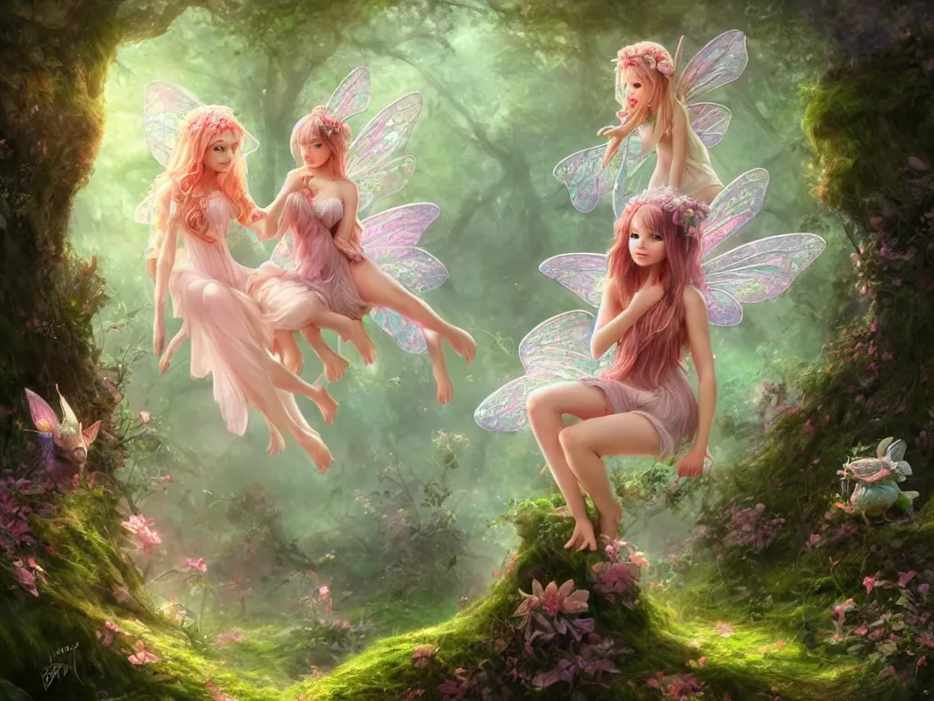 Image similar to two cute fairy in the dreamy forest, fantasy, dreamlike, 8 k resolution, hyper detailed, d & d, character design, digital painting, trending on artstation, sharp focus, illustration, art by artgerm, viktoria gavrilenko, hoang lap, fuji choko, steve zheng