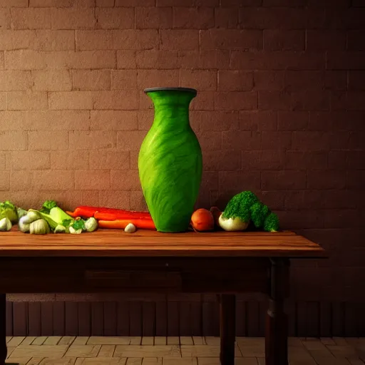 Image similar to a large vase on top of a antique wooden table, vegetables on table and candle, medieval concept art, cinematic lightning and colors, vray tracing, rendered in unreal engine, dark lightning, contrast shadows