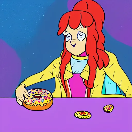 Image similar to Mabel Pines, gravity falls character, eating a donut, colourful, drawing, masterpiece, high detail, digital art