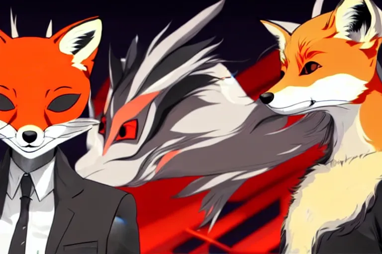 Image similar to a furry tan male fox on a persona 5 : royal ( by atlus ) video game splash screen, a furry male sandcolored tan fox fursona ( has hair ), persona 5 phantom thief style