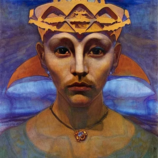 Image similar to the ocean crown, by Annie Swynnerton and Nicholas Roerich and Diego Rivera, blue skin, elaborate costume, geometric ornament, rich color, dramatic cinematic lighting, smooth, sharp focus, extremely detailed