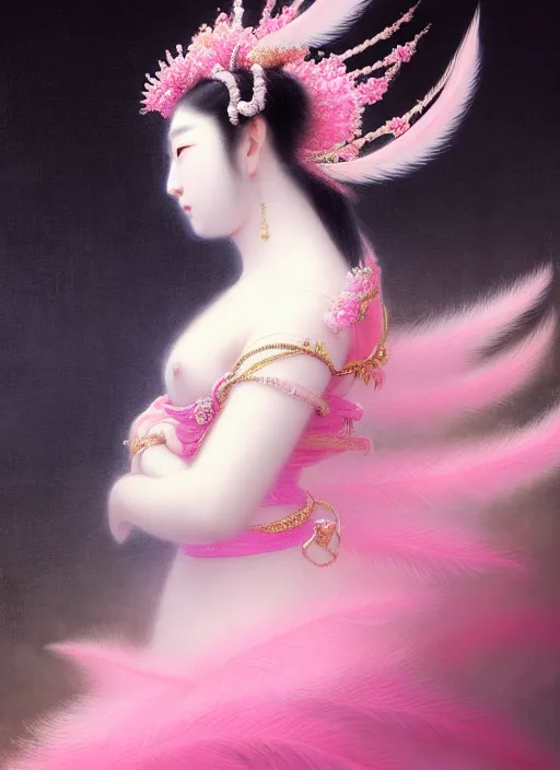 Image similar to stunning japanese godess princess, detailed pink and white million of feathers head peace against a black backdrop by ivan aivazovsky, 3 / 4 view portrait, wlop, super sharp details, photorealism, canon 5 d, 5 0 mm lens, stunning photoshot, beautiful soft lighting, muted colours, artstation