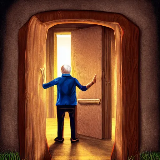 Image similar to old man going through a door to another dimension, fantasy, 4 k, digital art,