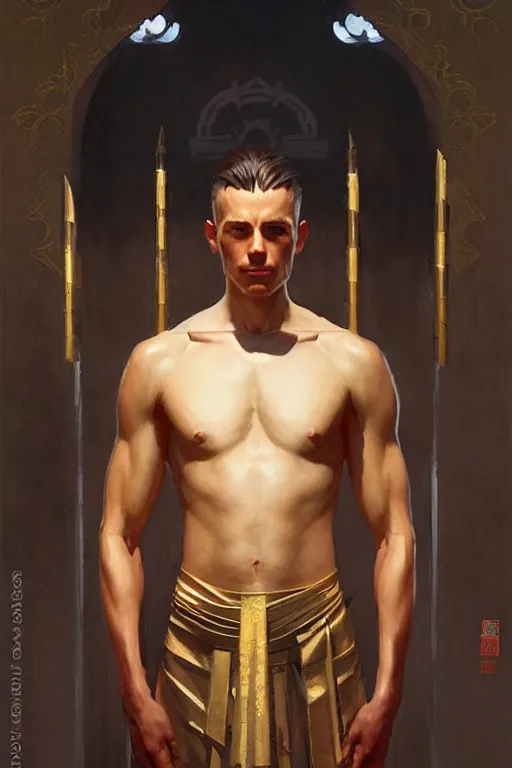 Image similar to male, temple, taoism, painting by greg rutkowski, j. c. leyendecker, artgerm