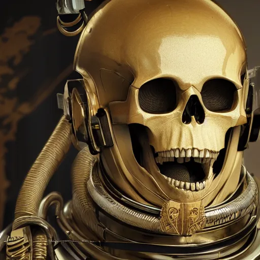 Image similar to super detailed 1 6 k hyperrealistic skeleton wearing astronaut helmet with carvings on the skull and helmet in golden unreal engine, octane render in the artstyle of finnian macmanus, john park and greg rutkowski