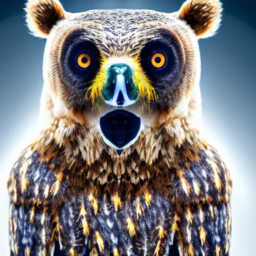 Prompt: a bear with a head of an owl, 8k, ultrarealistic, professional photography