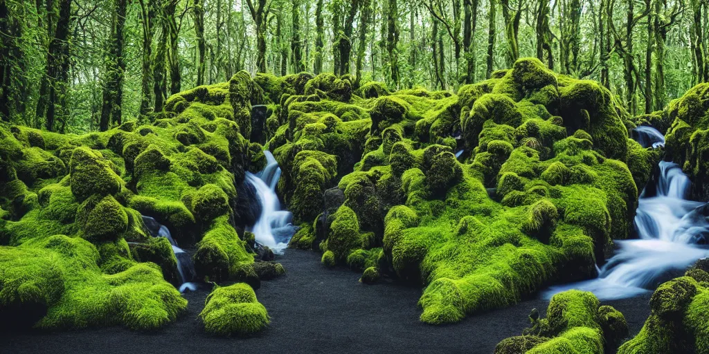 Prompt: photo of a landscape with lush forest, wallpaper, very very wide shot, iceland, new zeeland, green flush moss, national geographic, award landscape photography, professional landscape photography, waterfall, stream of water, big sharp rock, ancient forest, primordial, sunny, day time, beautiful