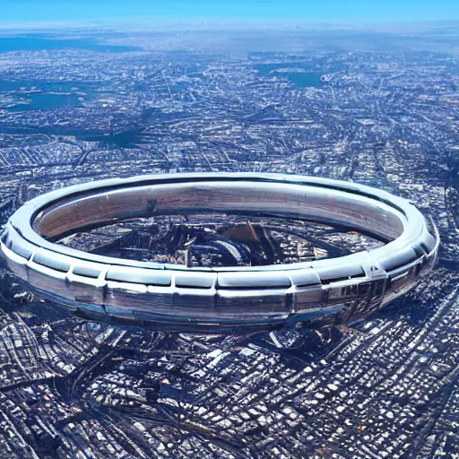 Prompt: a giant ring-shaped space station encircling a modern city hovering above the city, the ring is horizontal, surrounding the city, there are thick clouds surrounding the ring. In the center of the ring is clear blue sky