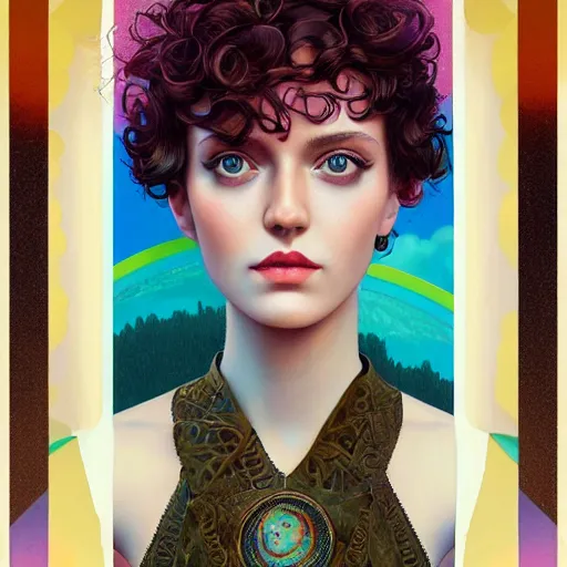 Image similar to Lofi vaporwave portrait beautiful woman with short brown curly hair, romanesque, rainbow, Pixar style, Tristan Eaton, Stanley Artgerm, Tom Bagshaw