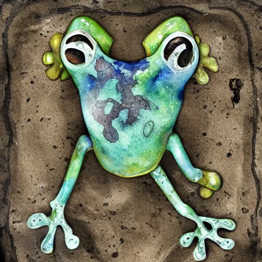 Image similar to archaeological artifact. photograph. watercolor painting. frog. frog. frog. death and decay. cemetery; exposed bones. elephant graveyard; cartilage. ancient burial ground. frog frog frog!