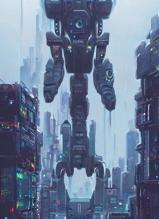 Image similar to a painting of a giant robot standing in front of a city, cyberpunk art by mike winkelmann, behance contest winner, nuclear art, dystopian art, apocalypse art, sci - fi