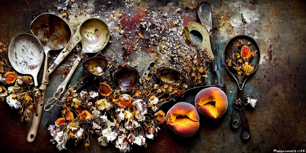 Image similar to decaying rotting peaches, moldy, on an antique distressed table top, dried flowers, metal kitchen utensils, old kitchen backdrop, dark kitchen, style by peter lippmann, intricate detail,