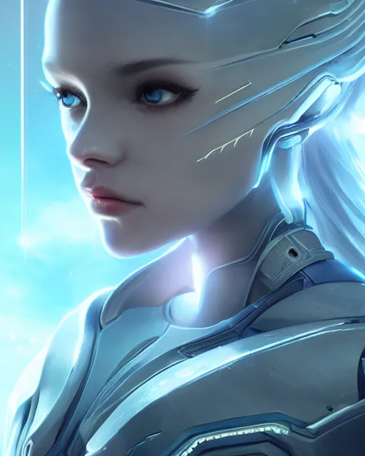 Image similar to perfect android girl on a mothership, warframe armor, beautiful face, scifi, futuristic, galaxy, nebula, raytracing, dreamy, long white hair, blue cyborg eyes, sharp focus, cinematic lighting, highly detailed, artstation, divine, by gauthier leblanc, kazuya takahashi, huifeng huang