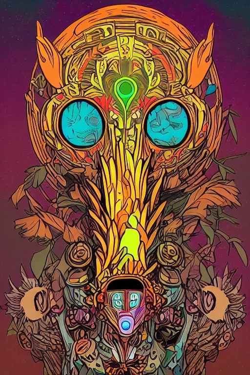 Image similar to animal mask totem roots flower tribal feather gemstone plant wood rock shaman vodoo video game vector cutout illustration vivid multicolor borderlands comics by josan gonzales and dan mumford radiating a glowing aura