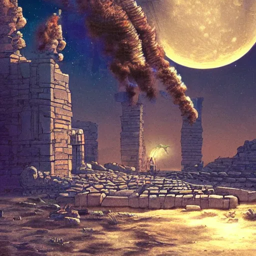 Image similar to ancient ruins in the moon, retrowave epic art, trending on art station
