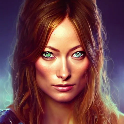 Image similar to Olivia Wilde, beautiful eyes, fantasy, beautiful face, vivid colors, elegant, concept art, sharp focus, digital art, Hyper-realistic, 4K, Unreal Engine, Highly Detailed, HD, Dramatic Lighting by Brom, trending on Artstation