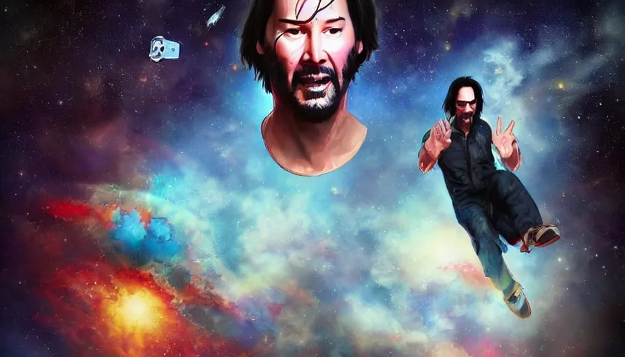 Image similar to a terrified looking Keanu reeves floating in space with a big smile, digital art, artstation, artgem