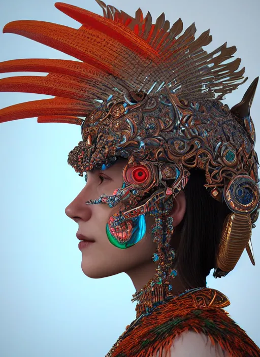 Prompt: 3 d goddess close - up profile portrait. beautiful intricate highly detailed mexican bird helm and traditional mexican huipil. stingray, magpie, bio luminescent, plasma, lava, ice, water, wind, creature, artwork by tooth wu and wlop and beeple and greg rutkowski, octane 3 d render