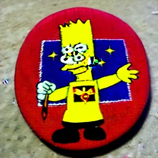 Image similar to painting on a badge!!!!, photo of a bart simpson, punks not dead!!!!, exploited!!, clash, junk yard, rats!!, god save the queen!!!, punk rock album cover art style, grunge, no future!!!!