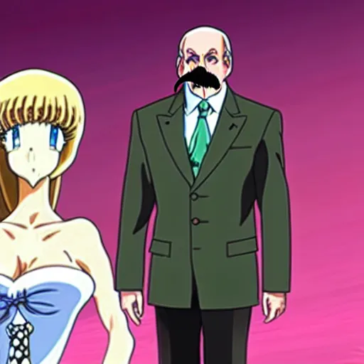 Image similar to a woman in a tight dress with a head like Alexander Lukashenko, with a mustache, Miyazaki anime style
