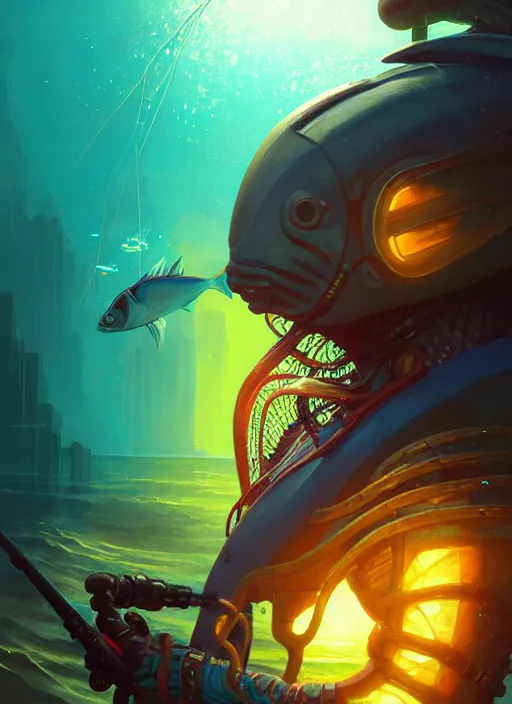 Image similar to portrait of a jamaican fisherman sci - fi glowing fishing armor jamaican colors muscular cyberpunk intricate elegant highly detailed digital painting artstation concept art, ocean fish background, greg rutkowski, loish, rhads, ferdinand knab, makoto shinkai and lois van baarle, ilya kuvshinov, rossdraws, tom bagshaw