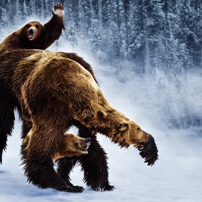 Image similar to vladimir putin fighting bear, 8 k, post - processing, extremely hyper - detailed, epic composition, masterpiece, stunning