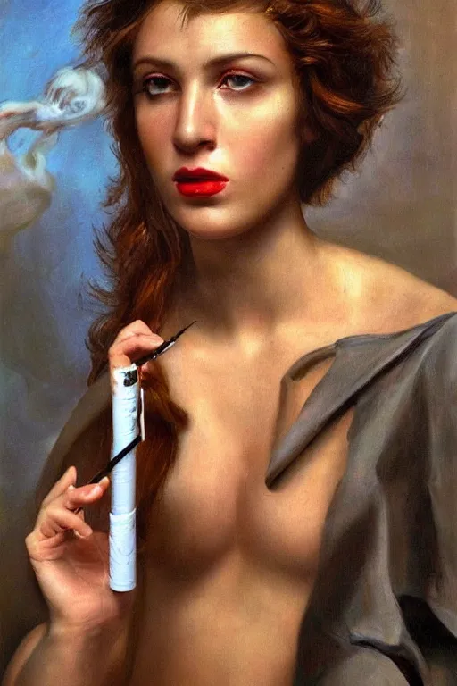 Prompt: hyperrealism mixed with classicism, oil painting, close up portrait, fashion elf model, smoking cigarette, in style of classicism mixed with 8 0 s sci - fi hyperrealism