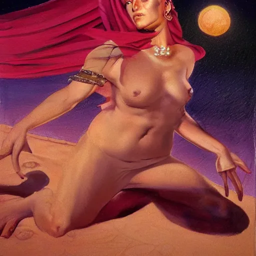 Image similar to Silk sheet desert ecstasy Bedouin under crimson azure diamond sky, in the style of Frank Frazetta, Jeff Easley, Caravaggio, extremely clear faces coherent, clear lines, 8K revolution