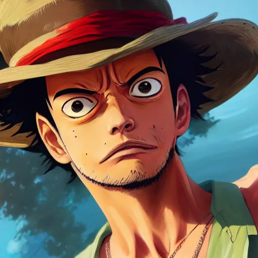 Image similar to highly detailed portrait luffy in gta v, stephen bliss, unreal engine, fantasy art by greg rutkowski, loish, rhads, ferdinand knab, makoto shinkai and lois van baarle, ilya kuvshinov, rossdraws, tom bagshaw, global illumination, radiant light, detailed and intricate environment