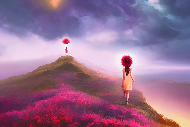 Image similar to giant dahlia flower over head, girl walking on mountain, surreal photography, stars, dramatic light, impressionist painting, storm clouds, digital painting, artstation, simon stalenhag