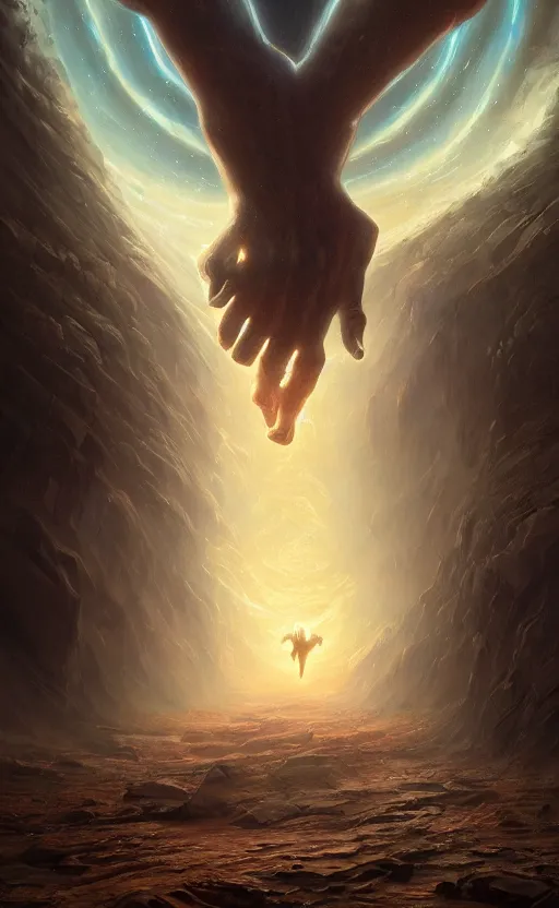 Image similar to the hand of God coming out of a portal hopping and time warping with reckless abandon, dramatic scene, masterpiece digital painting by Greg Rutkowski, Alex Grey, artstation, 4k wallpaper