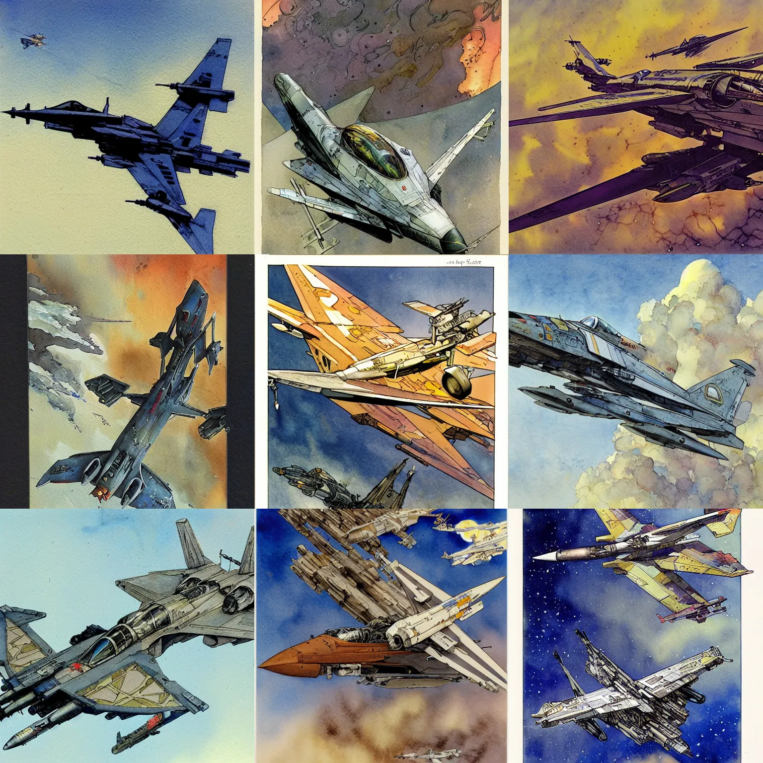 Prompt: a realistic and atmospheric watercolor scifi jet fighter plane by rebecca guay, michael kaluta, charles vess and jean moebius giraud