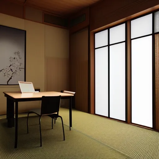 Image similar to still photo of a japanese study room, highly detailed, photorealistic portrait, bright studio setting, studio lighting, crisp quality and light reflections, unreal engine 5 quality render