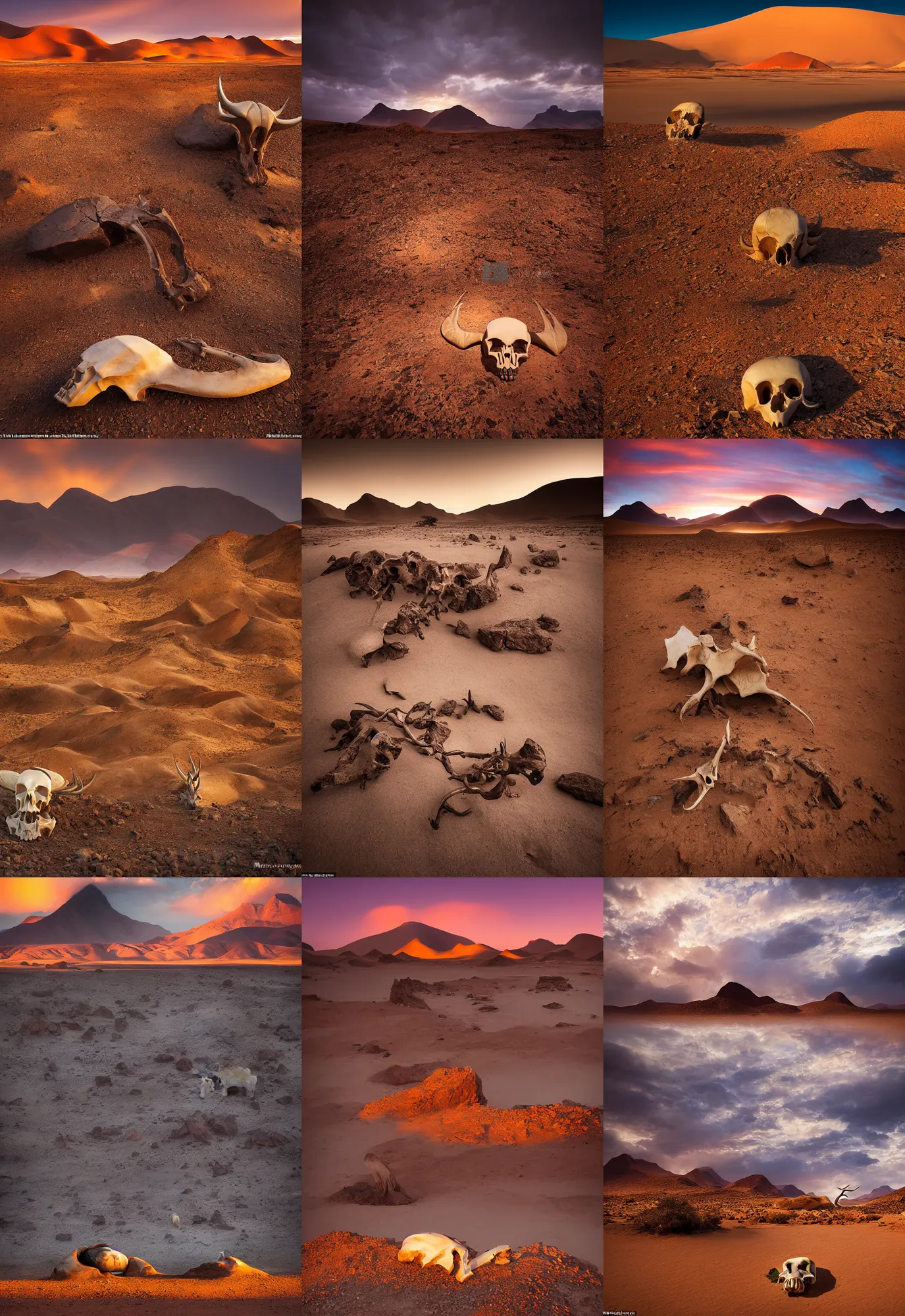 Image similar to amazing landscape photo of the Namib landscape with mountains in the distance and an Oryx skull on the rocks in the foreground by marc adamus, beautiful dramatic lighting, 16mm wide angle lens