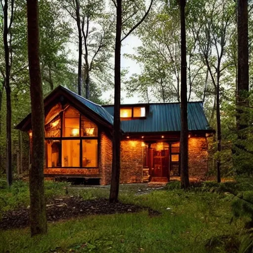 Prompt: beautifully detaild brick and dark wood cabin in the dense forest, lit by moonlight, night time, warm lights, detailed cabin in the woods