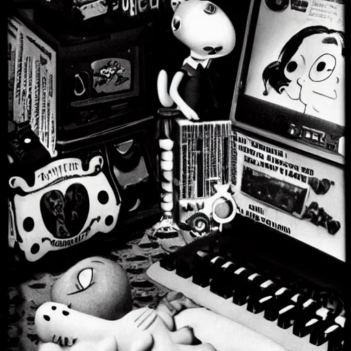 Prompt: a black and white photograph of a computer in love, by gary baseman, by robert crumb, by jim henson, high contrast, soft lighting, surreal, film photography