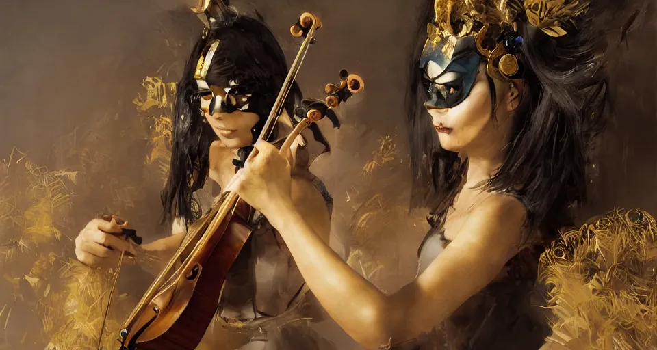 Image similar to craig mullins and ghibli digital art of masked female violinist, exotic costumes, gold jewelry, black hair, theater, large audience, solo on stage unreal engine, hyper realism, realistic shading, cinematic composition, realistic render, octane render, detailed textures, photorealistic, wide shot