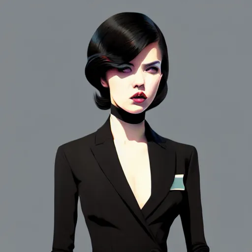 Prompt: aristocrat young female in black tuxedo, evil, vicious, muted colors, matte print, pastel colors, 2d, ultra highly detailed, smooth, sharp focus, digital art, digital painting, fan art, elegant, artstation, head is centered, by Ilya Kuvshinov