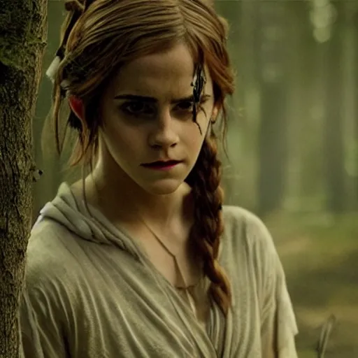 Prompt: emma watson as live action princess mononoke, still frame, sharp focus, cinematic, filmic