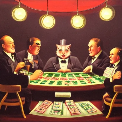 Image similar to fat cats gambling at a table with a single light overhead, dark room, smoke fills the room, roaring 2 0 s american art style