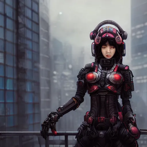 Image similar to An realistic epic fantastic comic book style portrait painting of a female cyber samurai by WLOP, black and reddish color armor, cyberpunk feel raining at tokyo rooftop, Concept world Art, unreal 5, DAZ, hyperrealistic, octane render, cosplay, RPG portrait, dramatic lighting, rim lights