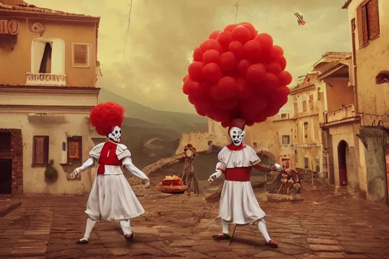 Image similar to pennywise as pulcinella! with a pizza! margherita! in front of vesuvius!, by esao andrews, by james jean, humorous illustration, hyperrealistic, big depth of field, warm colors, night scenery, low light, 3 d octane render, 4 k, conceptart, masterpiece, hyperrealistic, trending on artstation