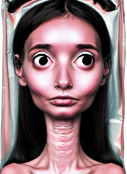 Image similar to nervous alien girl with two big cute eyes, the head is tightly wrapped in plastic wrap with a market label on it. high detail, realistic, symmetrical face, photoreal