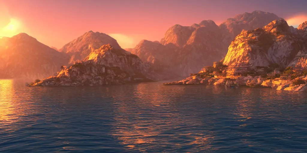 Image similar to ancient marble city, sunset glowing off a mountain in background, view from the sea with calm waves, ray tracing, caustics refractive, planet in the sky, award winning, trending on artstation, digital art. highly detailed 8 k. intricate. lifelike. soft light. nikon d 8 5 0.