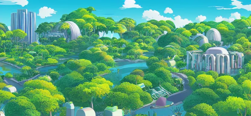 Image similar to utopian city in perfect harmony with nature, clean energy and food abundance, beautifully landscaped and tropical a digital illustration by studio ghibli