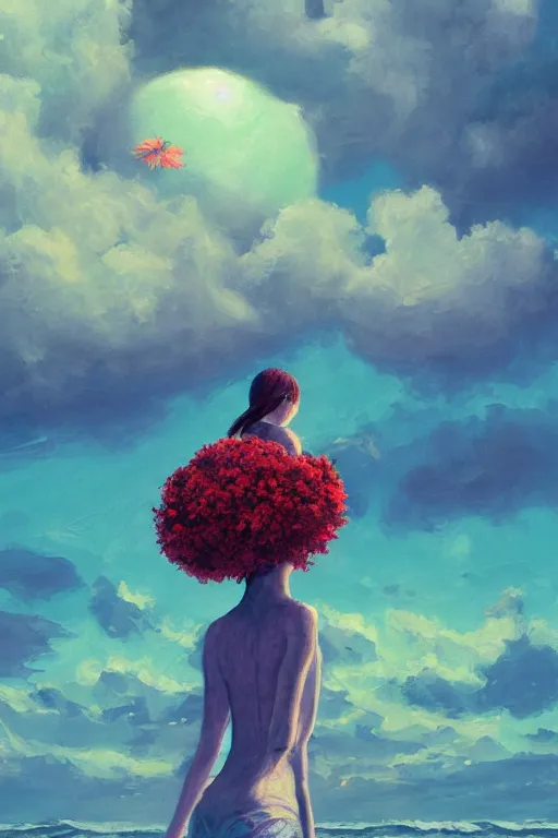 Image similar to closeup, giant flower head, a girl on beach, surreal photography, wind and cold, dramatic sky, impressionist painting, digital painting, artstation, simon stalenhag